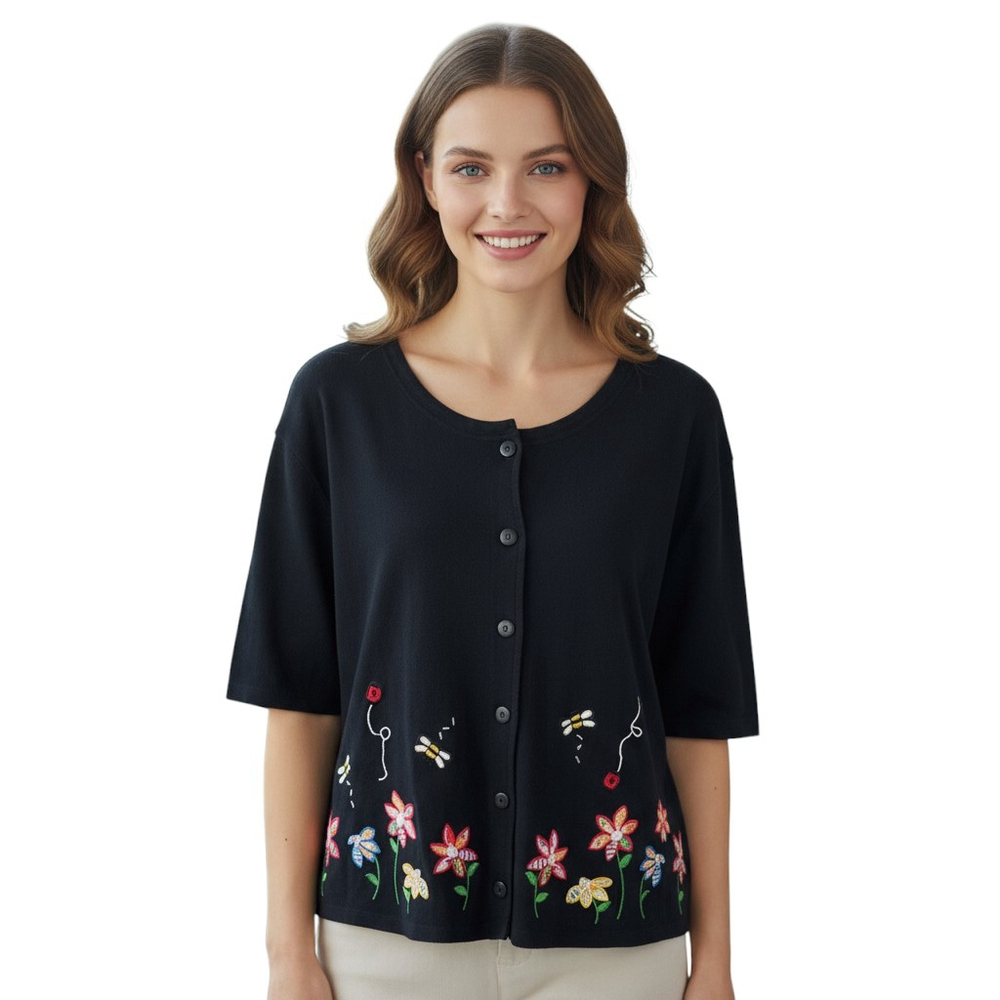 Bechamel Vintage Cardigan Womens 2X Plus Black Button Up Floral Embroidered Boho